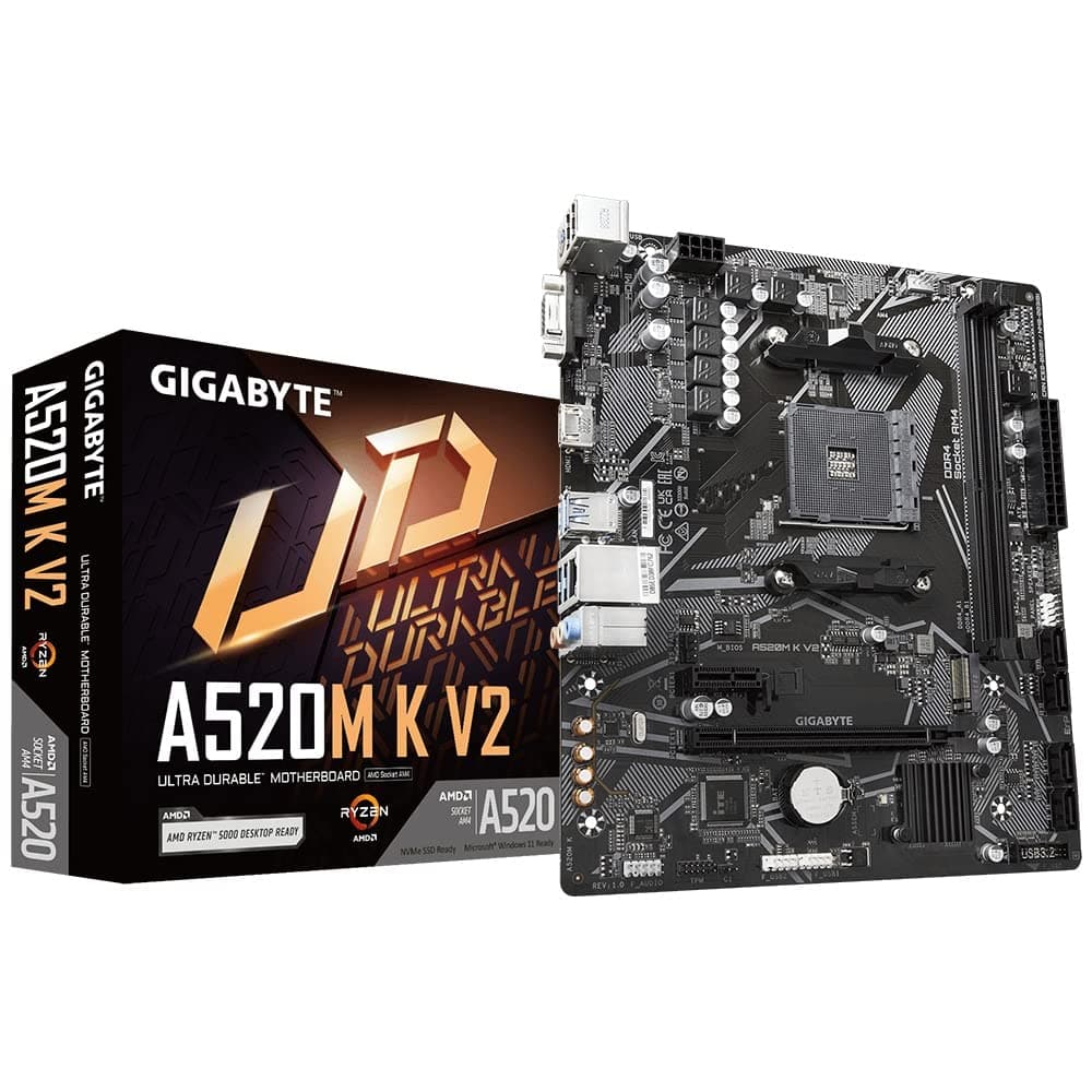 GIGABYTE A520M K V2 (Rev. 1.0) Micro-ATX Motherboard AMD AM4, DDR4 (5100 MHz OC), PCIe 3.0 x4 M.2, GbE LAN, HDMI + D-Sub, Smart Fan 5