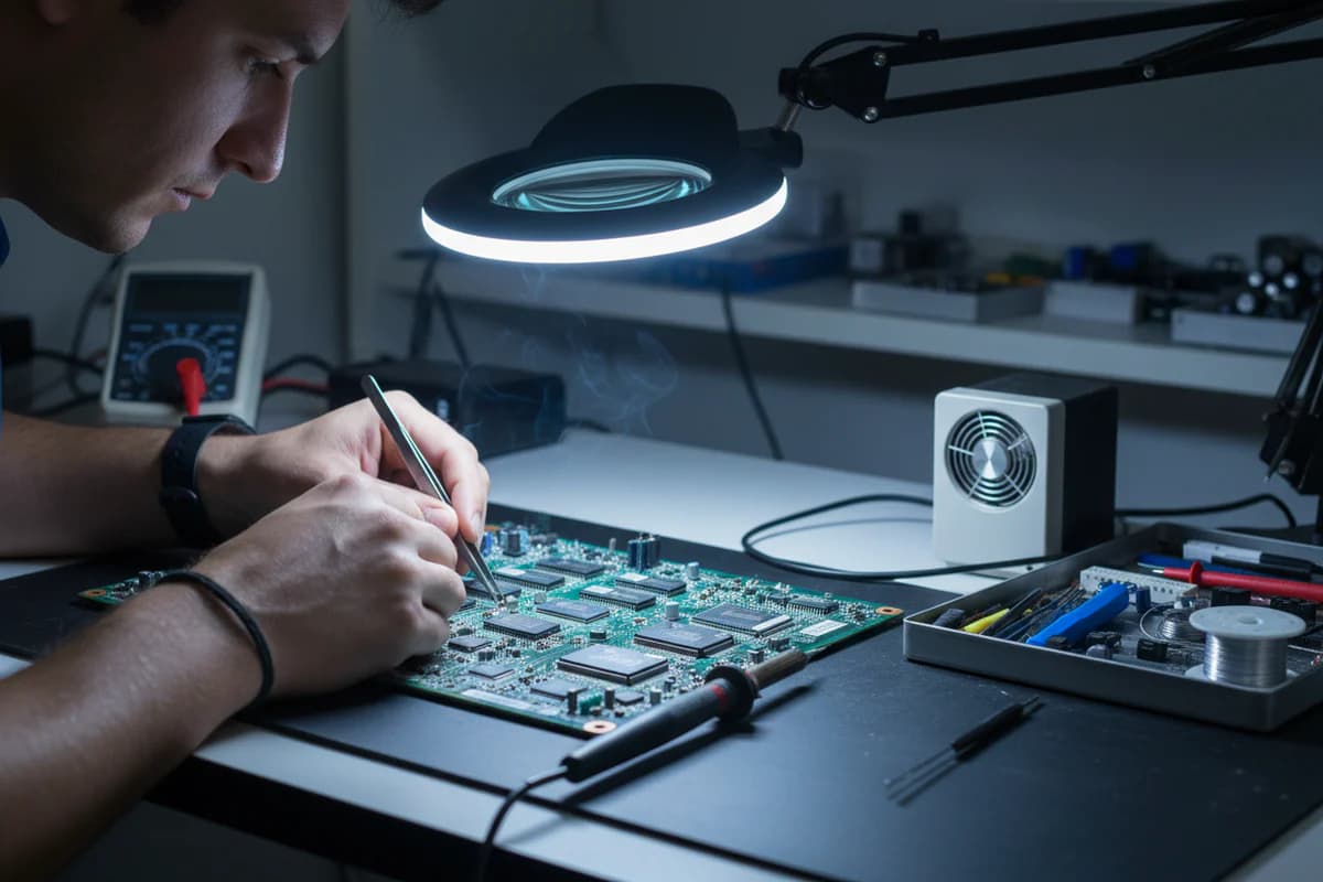 Technician serviceing laptop motherboard